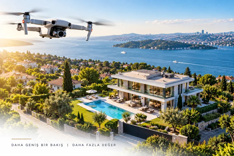 Boğaz manzaralı havuzlu villayı yukarıdan çeken drone