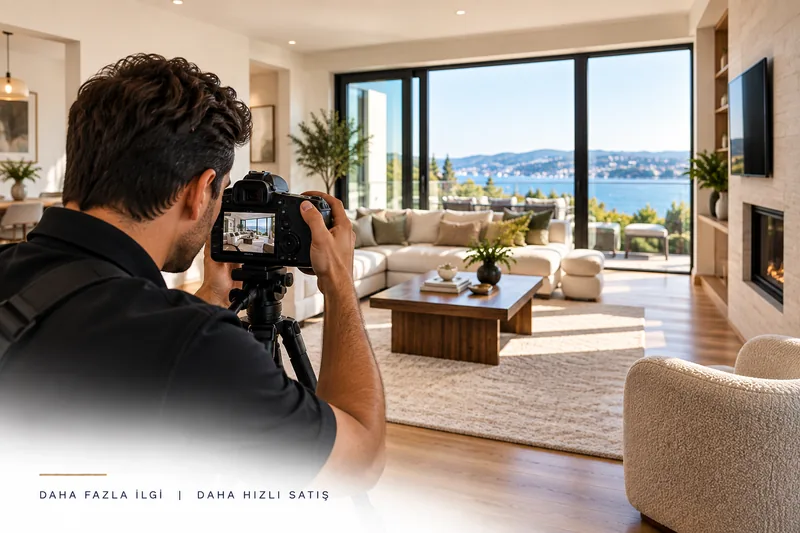 Fotoğrafçı, deniz manzaralı salonun profesyonel emlak çekimini yapıyor